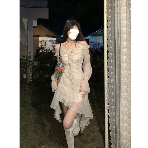 Ruffles Floral Fragments Dress Light green short skirt