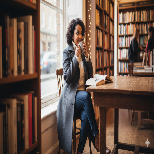Woman in a plus size winter coat sitting at a table in a cozy library, enjoying a book and a warm drink.