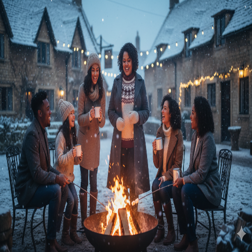Group of friends enjoying hot drinks by a fire in a snowy winter setting, wearing cozy winter coats.