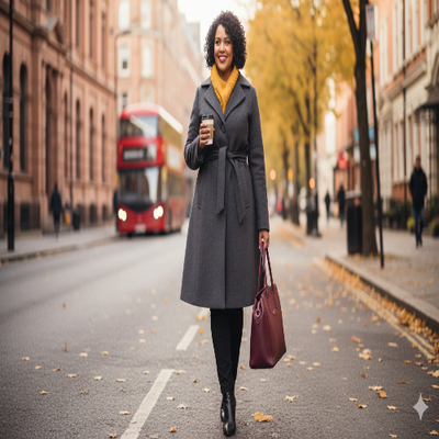 Woman wearing a plus size winter coat, walking on a city street with a coffee and handbag.