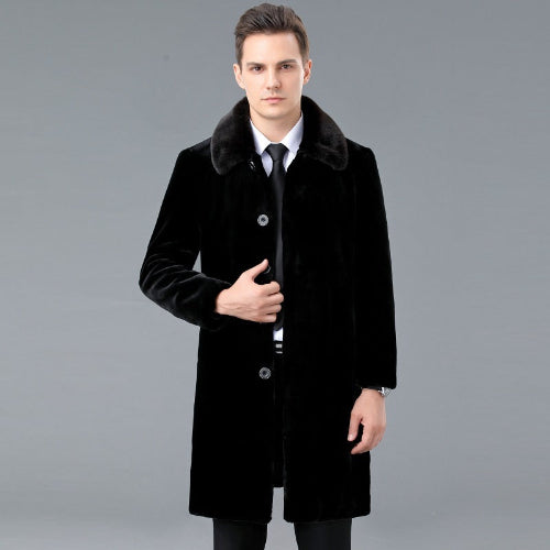 Men's Winter Lapel Mink Wool Coat worn by a man in a formal outfit, showcasing its elegant design and luxurious fabric.