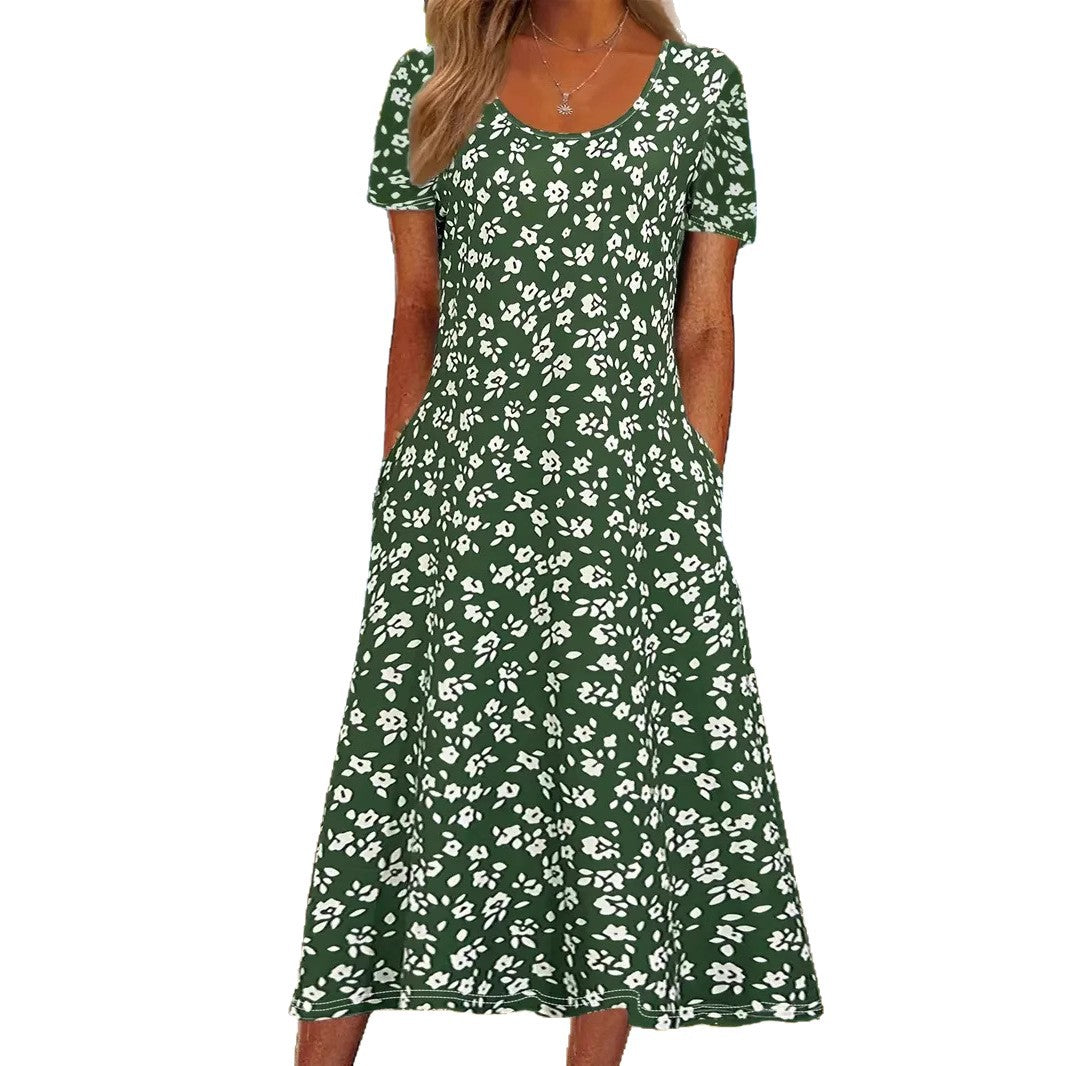 A-Line Floral Midi Dress - Green Dress with White back ground
