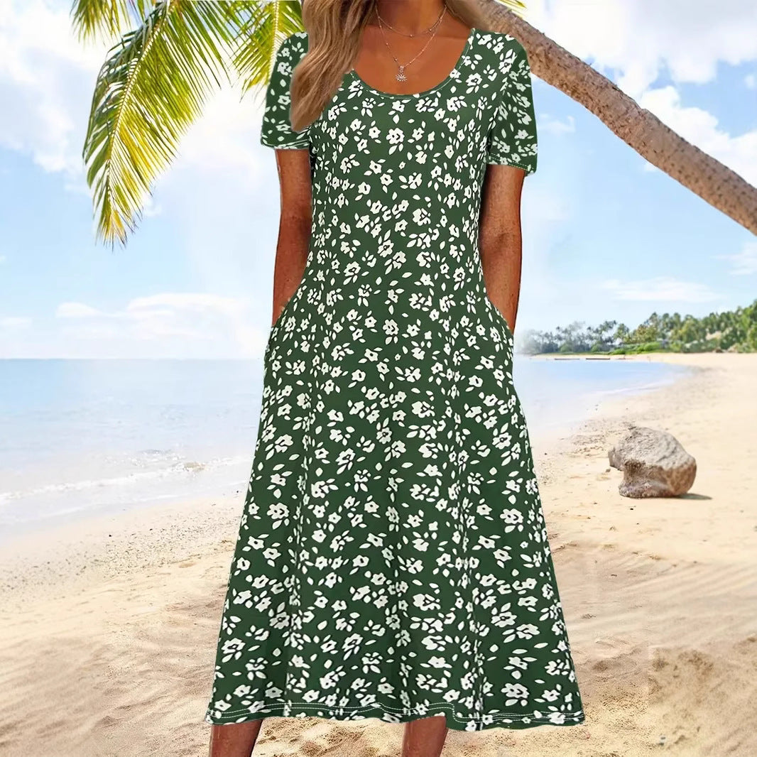 A-Line Floral Midi Dress - Green