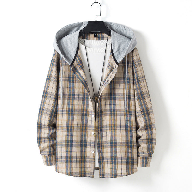 Casual Plaid Hooded Shirt Flannel Jacket for Men Khaki