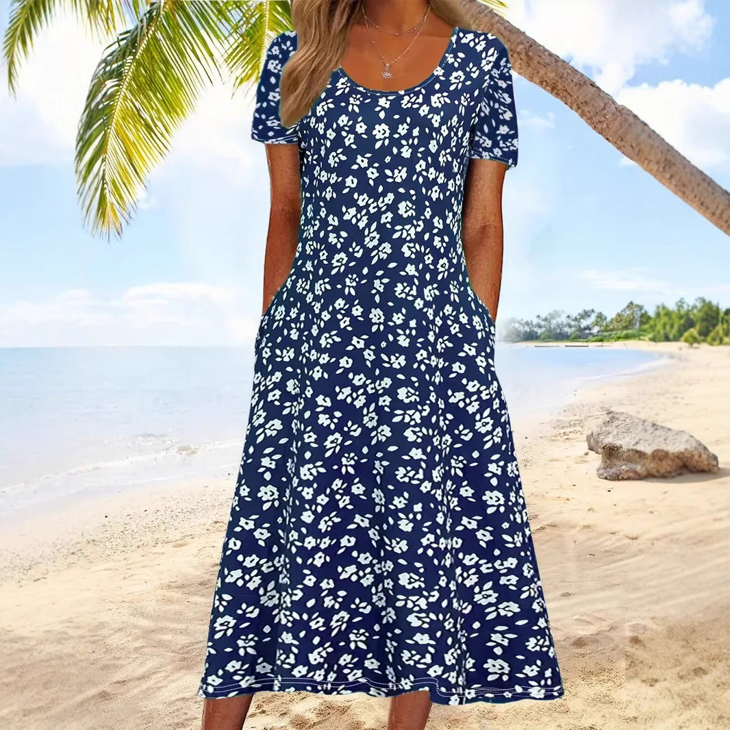 A-Line Floral Midi Dress - Blue