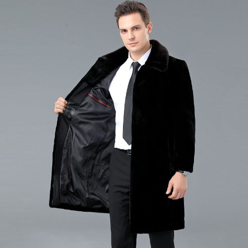 Men's Winter Lapel Mink Wool Coat displayed on a man in a suit with open coat showcasing its luxurious interior.