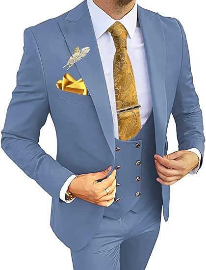 Men's Slim Fit Double-Breasted Suit Light Blue Coat Vest Pants