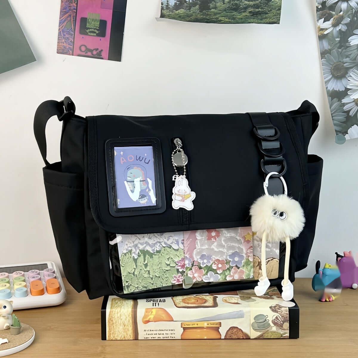 Canvas Crossbody Handbag | Soft Canvas Bag Black fur ball pendant