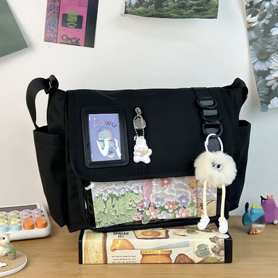 Canvas Crossbody Handbag | Soft Canvas Bag Black fur ball pendant