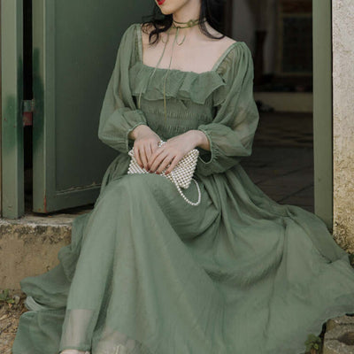 Green Ruffle Maxi Dress | Boho Square Neck Dress UK