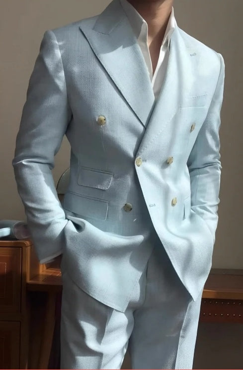 Double Breasted Classic Fit Two Piece Suit for Men - Summer Wear Light blue