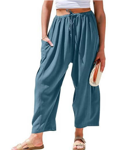 Women's Elastic Pleated Linen Wide Leg Pants UK Lake Blue