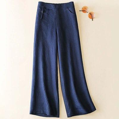 Casual Cotton Linen Wide Leg Pants Navy Blue