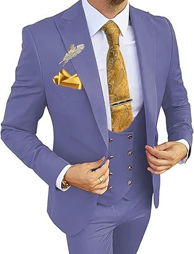 Men's Slim Fit Double-Breasted Suit Light Purple Coat Vest Pants