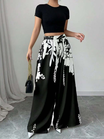Printed Lace-up Women's Casual Pants Black
