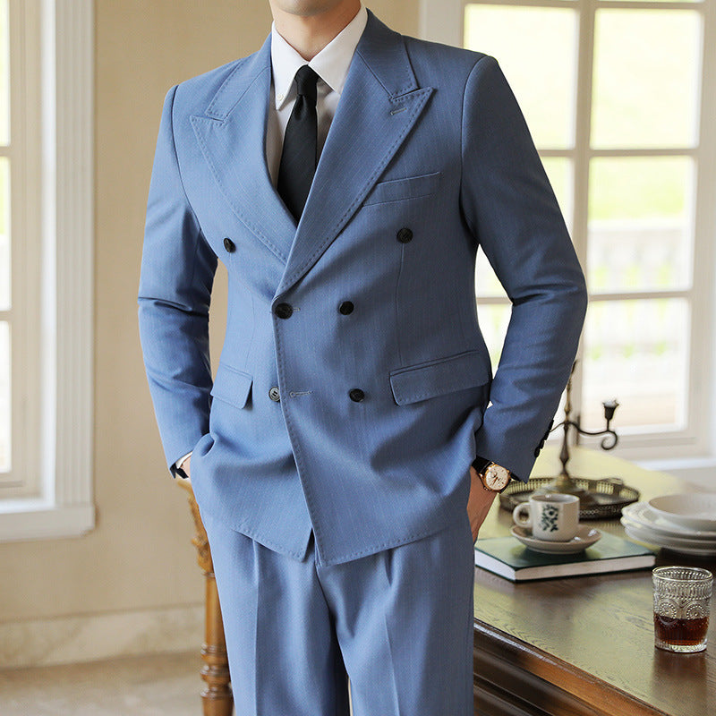 Autumn Double Breasted Warm Suit for Men Blue