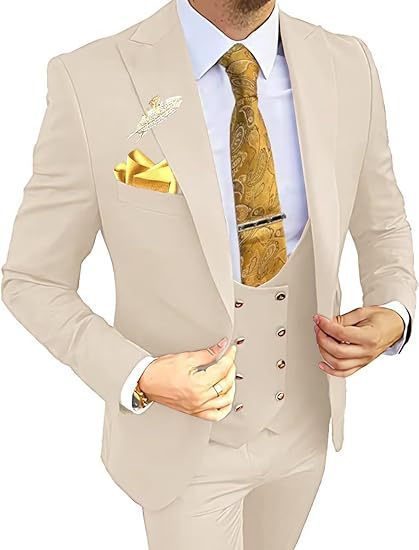 Men's Slim Fit Double-Breasted Suit Ivory White Coat Vest Pants