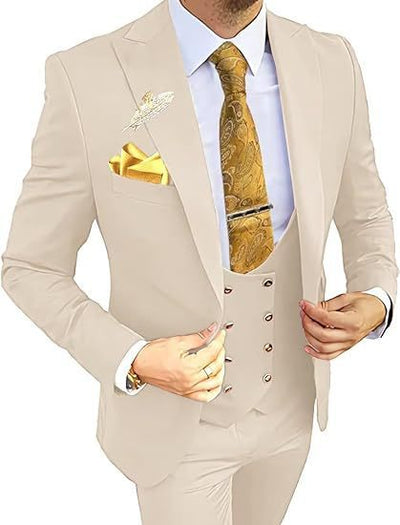 Men's Slim Fit Double-Breasted Suit Ivory White Coat Vest Pants