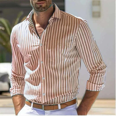 Men's Slim Fit Striped Business Shirt worn by a man, featuring a modern design with vertical stripes.