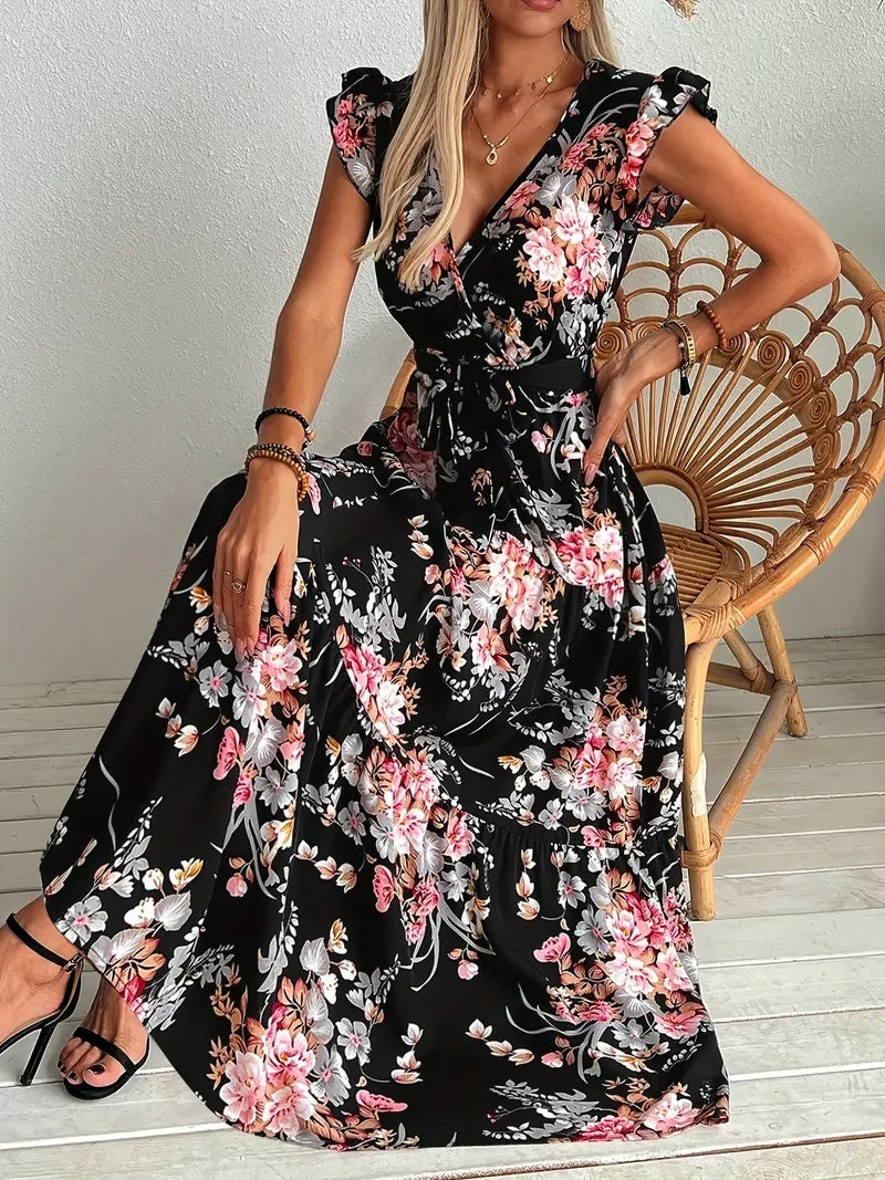 Woman wearing a black floral dress sitting on a wicker chair.