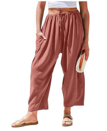 Women's Elastic Pleated Linen Wide Leg Pants UK Brick Red