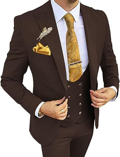 Men's Slim Fit Double-Breasted Suit Dark Brown Coat Vest Pants