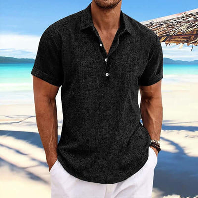 Business Casual Men Cardigan Shirt displayed on a model at the beach, ideal for smart-casual occasions.