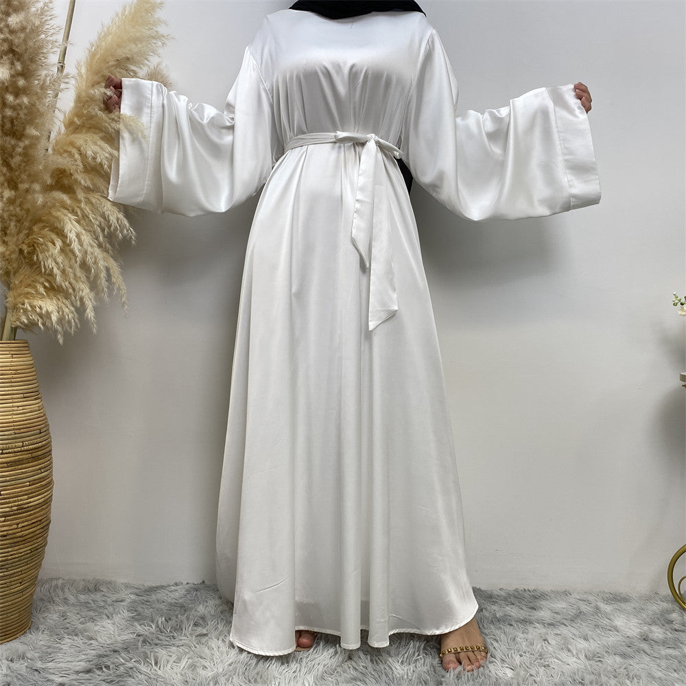 Women's Lace Up Satin Abaya - White