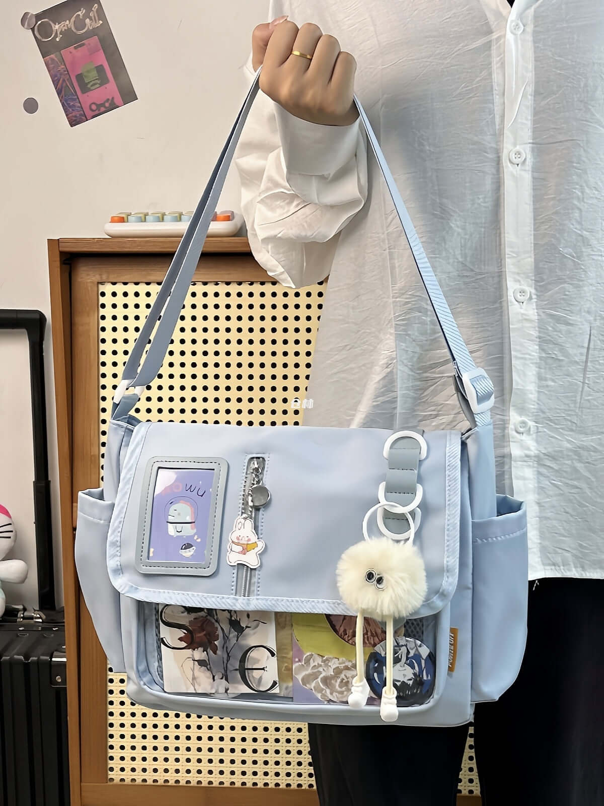 Canvas Crossbody Handbag | Soft Canvas Bag Blue wool ball pendant
