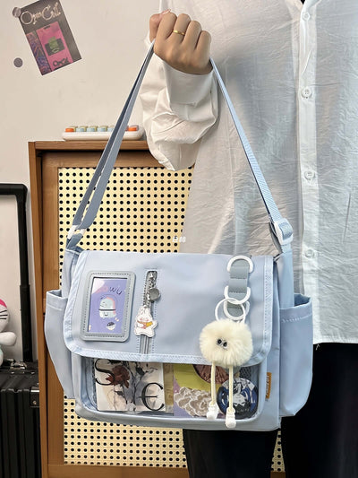 Canvas Crossbody Handbag | Soft Canvas Bag Blue wool ball pendant