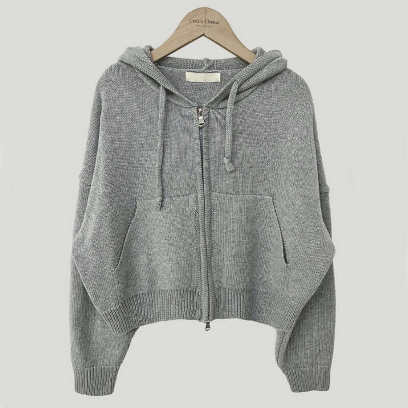 Autumn Leisure Hooded Cropped Sweater Coat Gray Free Size
