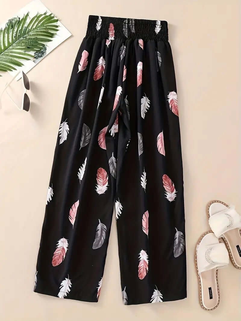 Women's Casual Flower Pants - Floral Straight Black