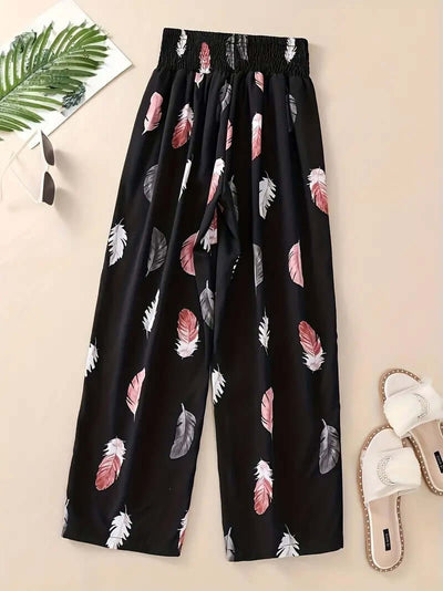 Women's Casual Flower Pants - Floral Straight Black