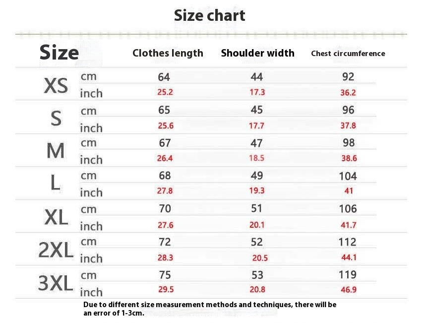 Size Chart for T-Shirts