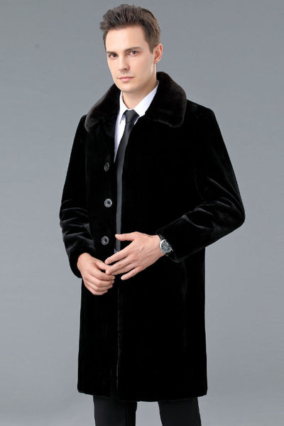 Men's Winter Lapel Mink Wool Coat UK, elegant black coat with lapel collar worn by a stylish man in winter attire.