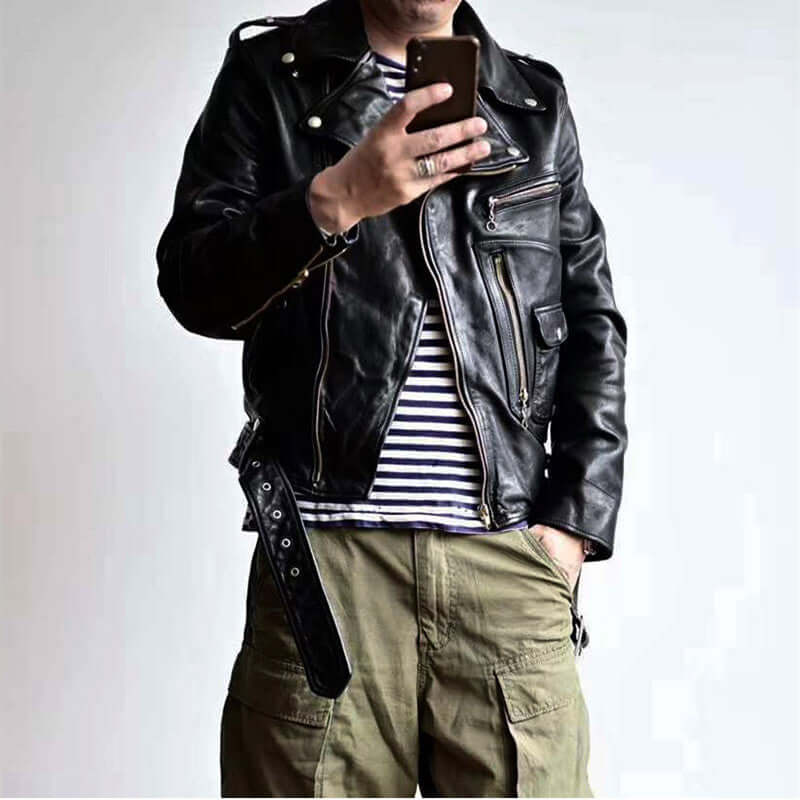 Men's horsehide biker jacket tartan lined black - Leather Jackets UK