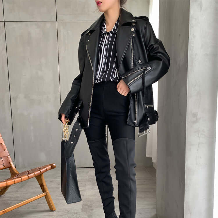 Women's Sheepskin Casual Jacket | Smooth Zipper Placket Black