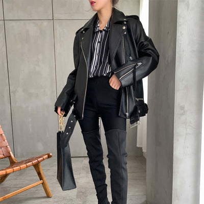 Women's Sheepskin Casual Jacket | Smooth Zipper Placket Black