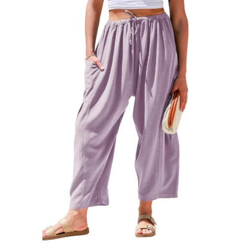Women's Elastic Pleated Linen Wide Leg Pants