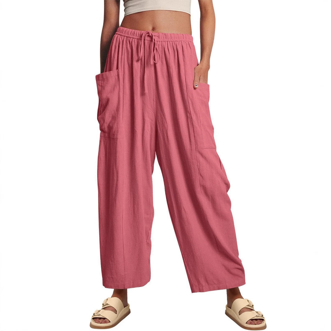 Women's Elastic Pleated Linen Wide Leg Pants