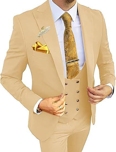 Men's Slim Fit Double-Breasted Suit Khaki Coat Vest Pants