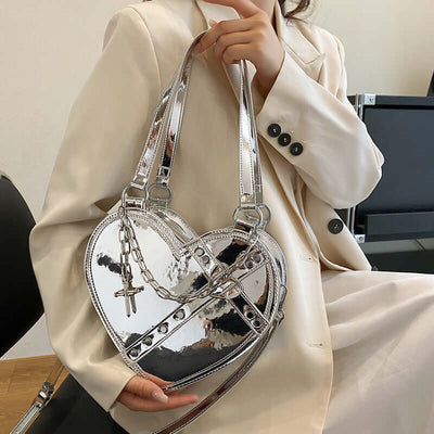 Women's Chain Heart-Shaped Shoulder Bag Silver