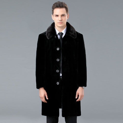 Men's Winter Lapel Mink Wool Coat worn by a man, showcasing its elegant design and lapel collar.