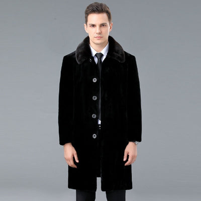 Men's Winter Lapel Mink Wool Coat worn by a man, showcasing its elegant design and lapel collar.