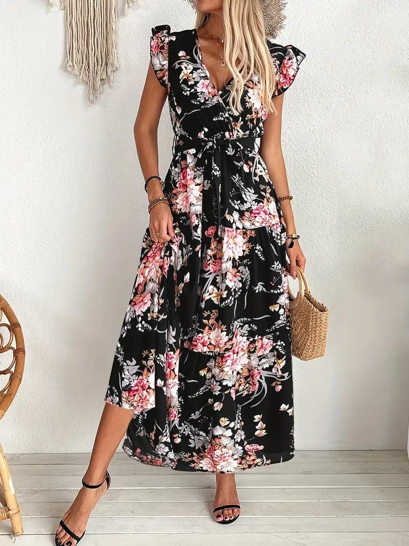 Woman wearing a black floral dress with a white background