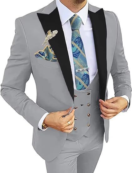 Men's Slim Fit Double-Breasted Suit Gray Coat Vest Pants