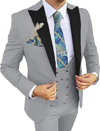 Men's Slim Fit Double-Breasted Suit Gray Coat Vest Pants