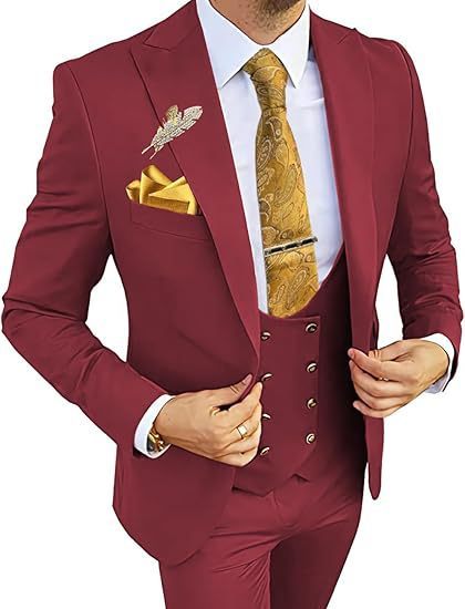 Men's Slim Fit Double-Breasted Suit Wine Red Coat Vest Pants