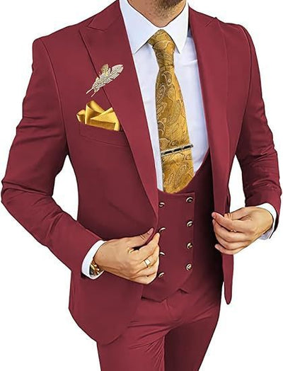 Men's Slim Fit Double-Breasted Suit Wine Red Coat Vest Pants